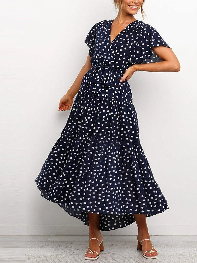 deanwangkt Women Polka Dot V-Neck Short Sleeve Casual Dresses With Belt