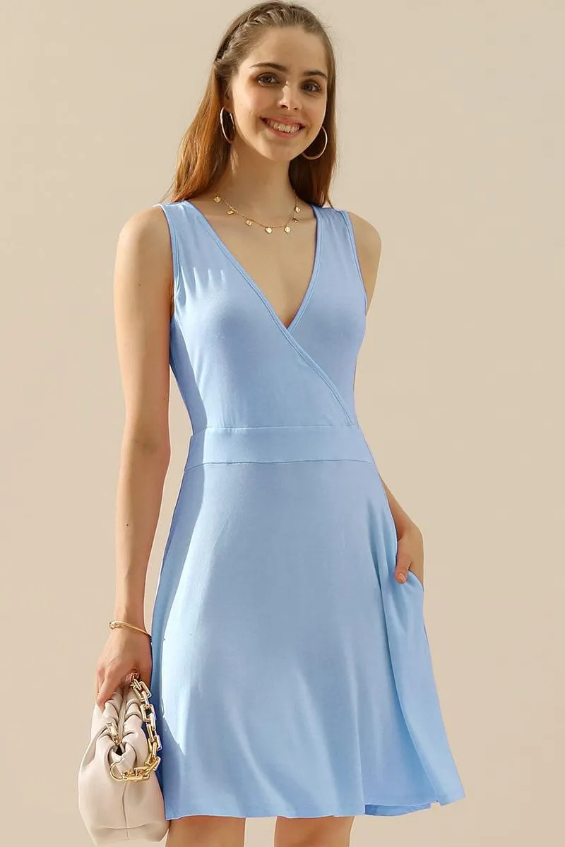 DEEP V NECK SLEEVELESS SWING FLOUNCE DRESSES