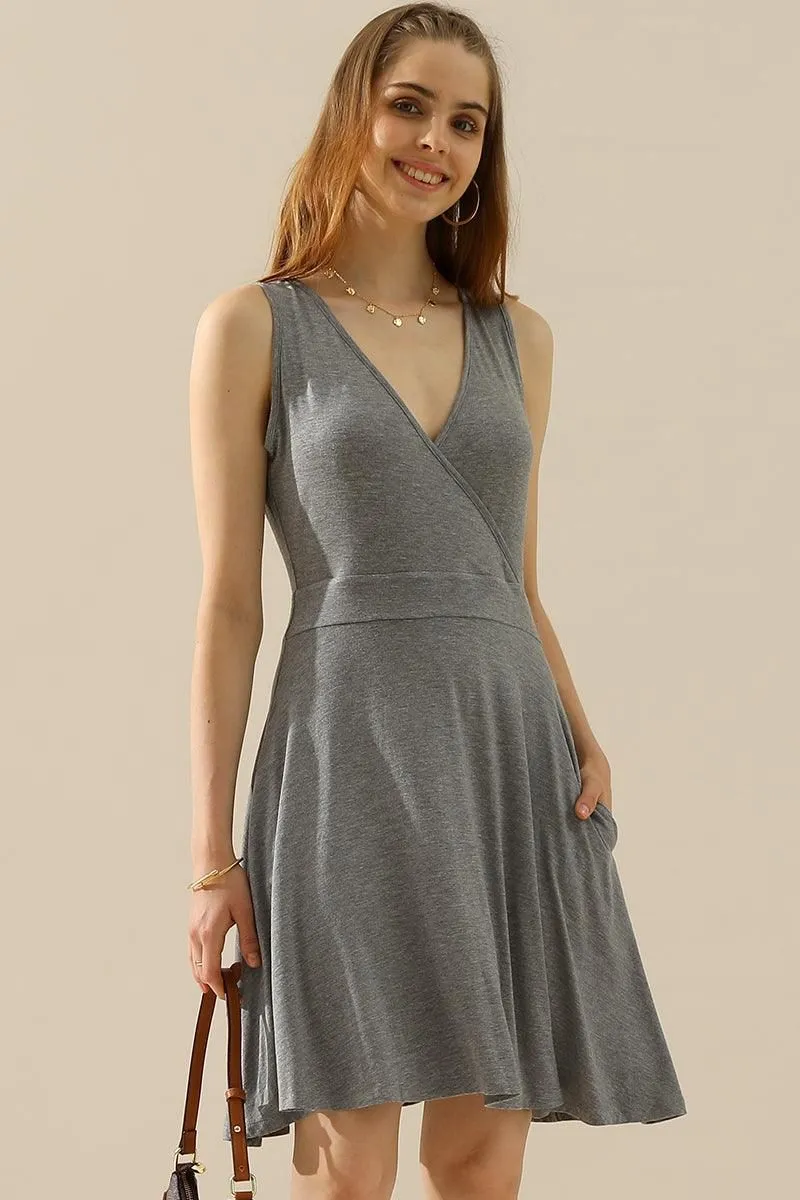 DEEP V NECK SLEEVELESS SWING FLOUNCE DRESSES