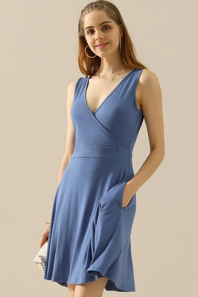 DEEP V NECK SLEEVELESS SWING FLOUNCE DRESSES