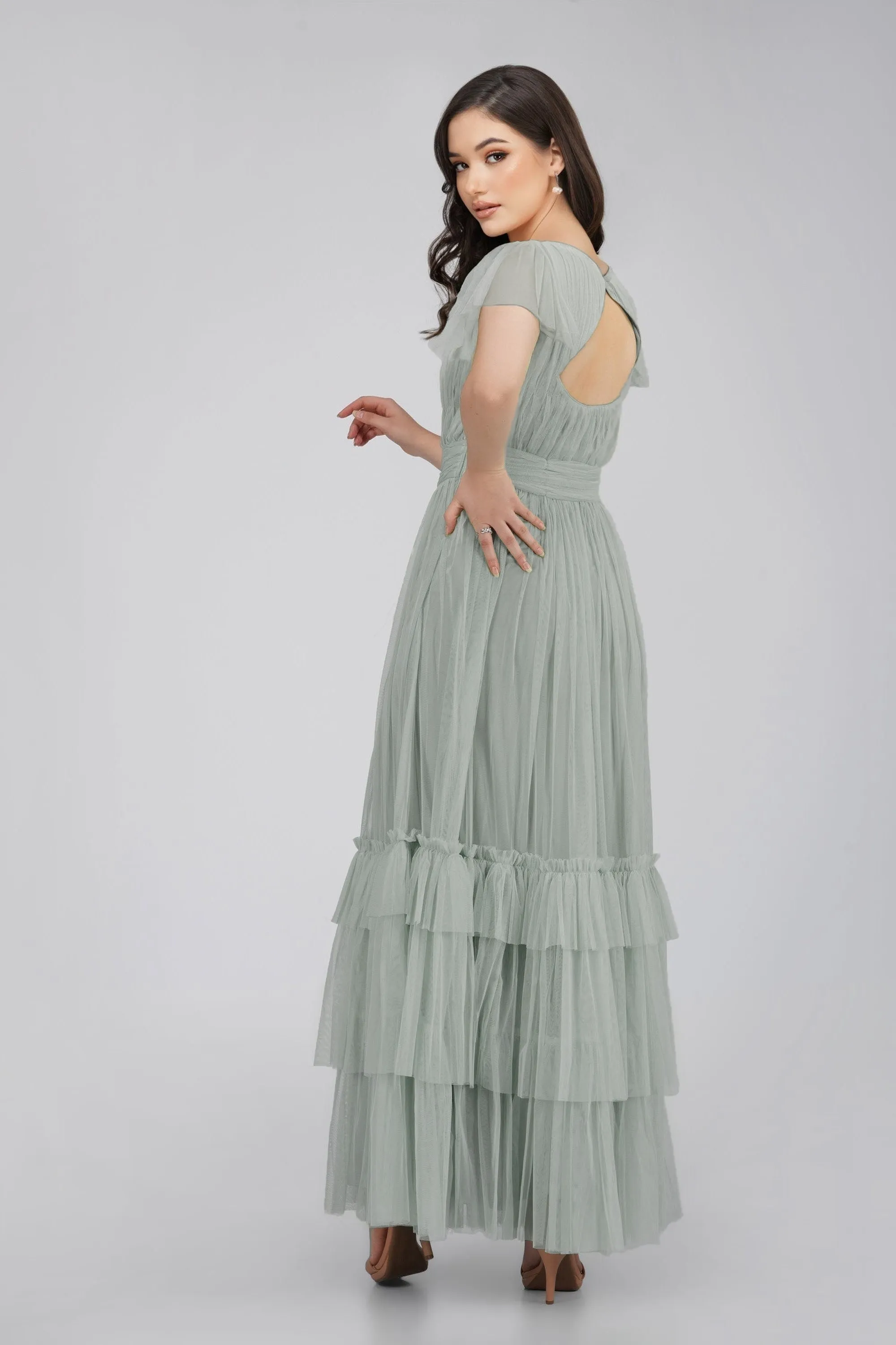 Diva Tulle Maxi Dress in Dark Sage