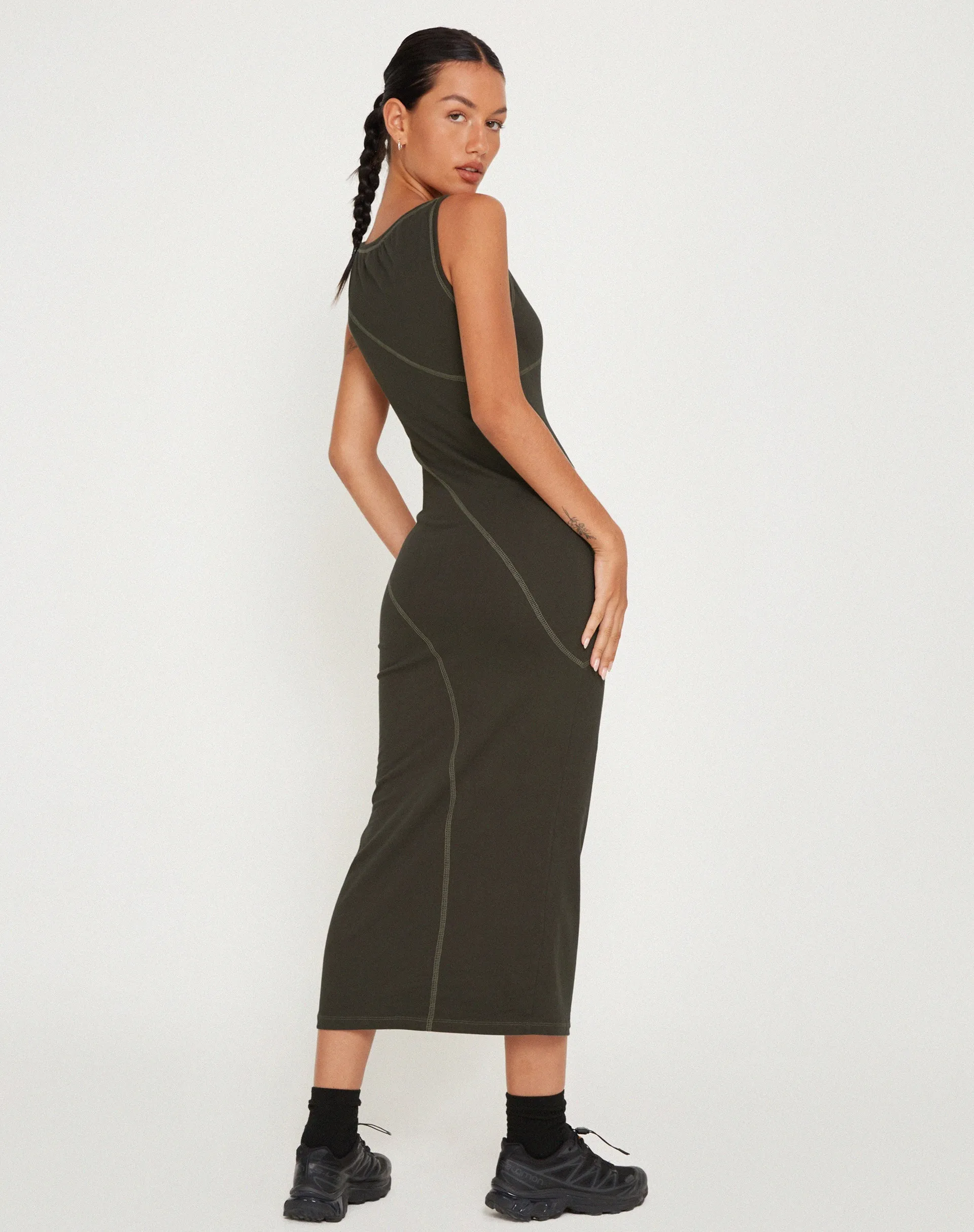 Driki Midi Dress in Gunmetal with Grey Top Stitch