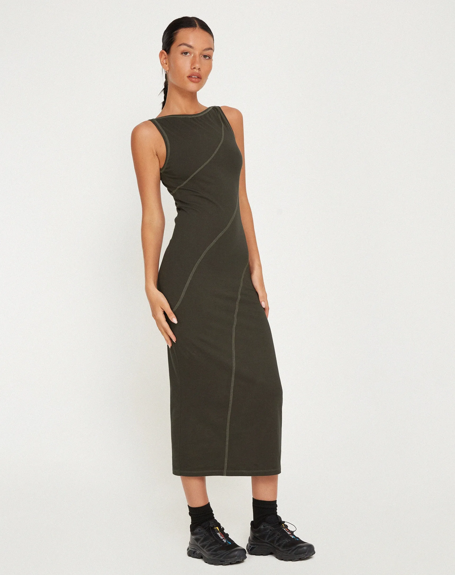 Driki Midi Dress in Gunmetal with Grey Top Stitch