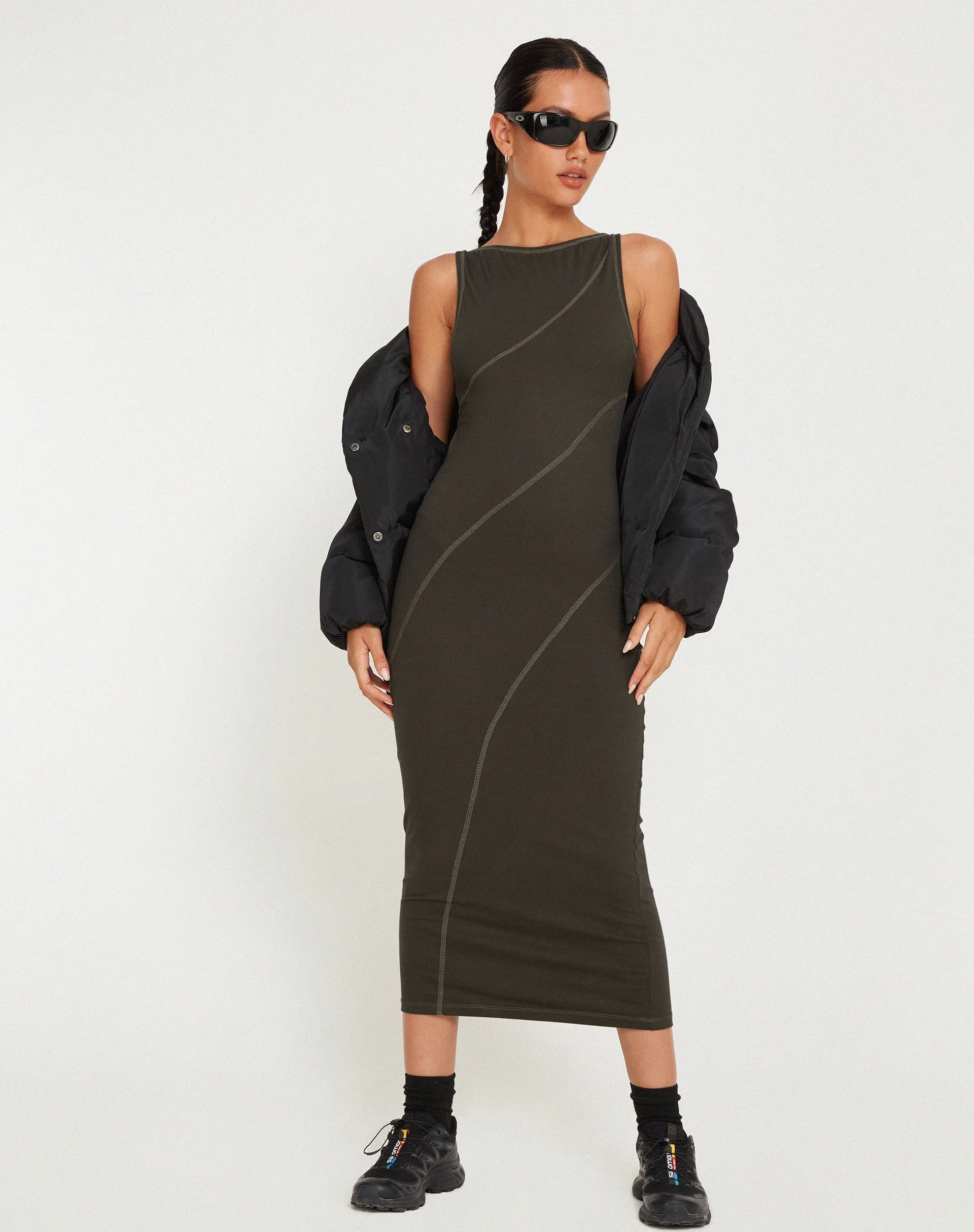 Driki Midi Dress in Gunmetal with Grey Top Stitch