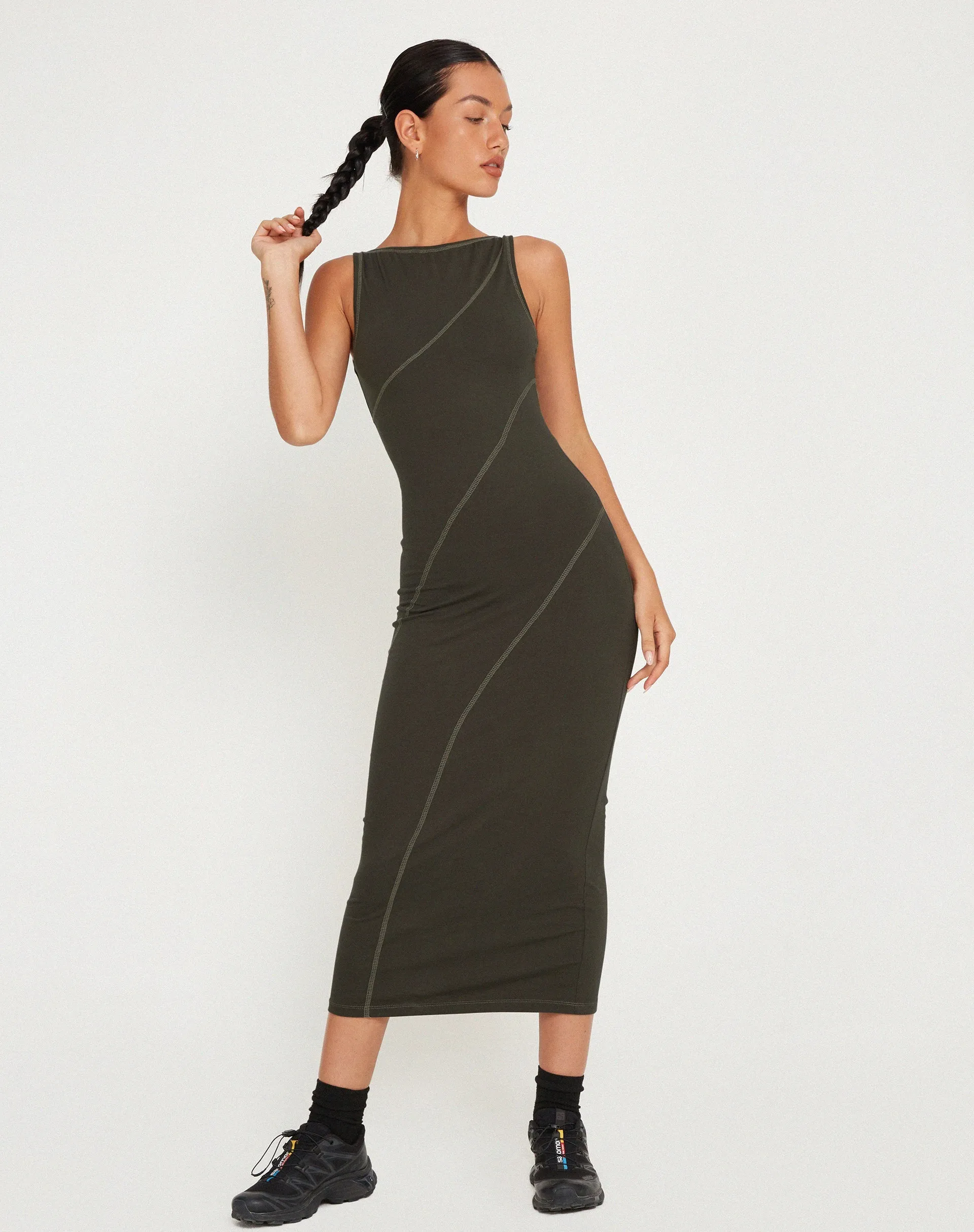 Driki Midi Dress in Gunmetal with Grey Top Stitch