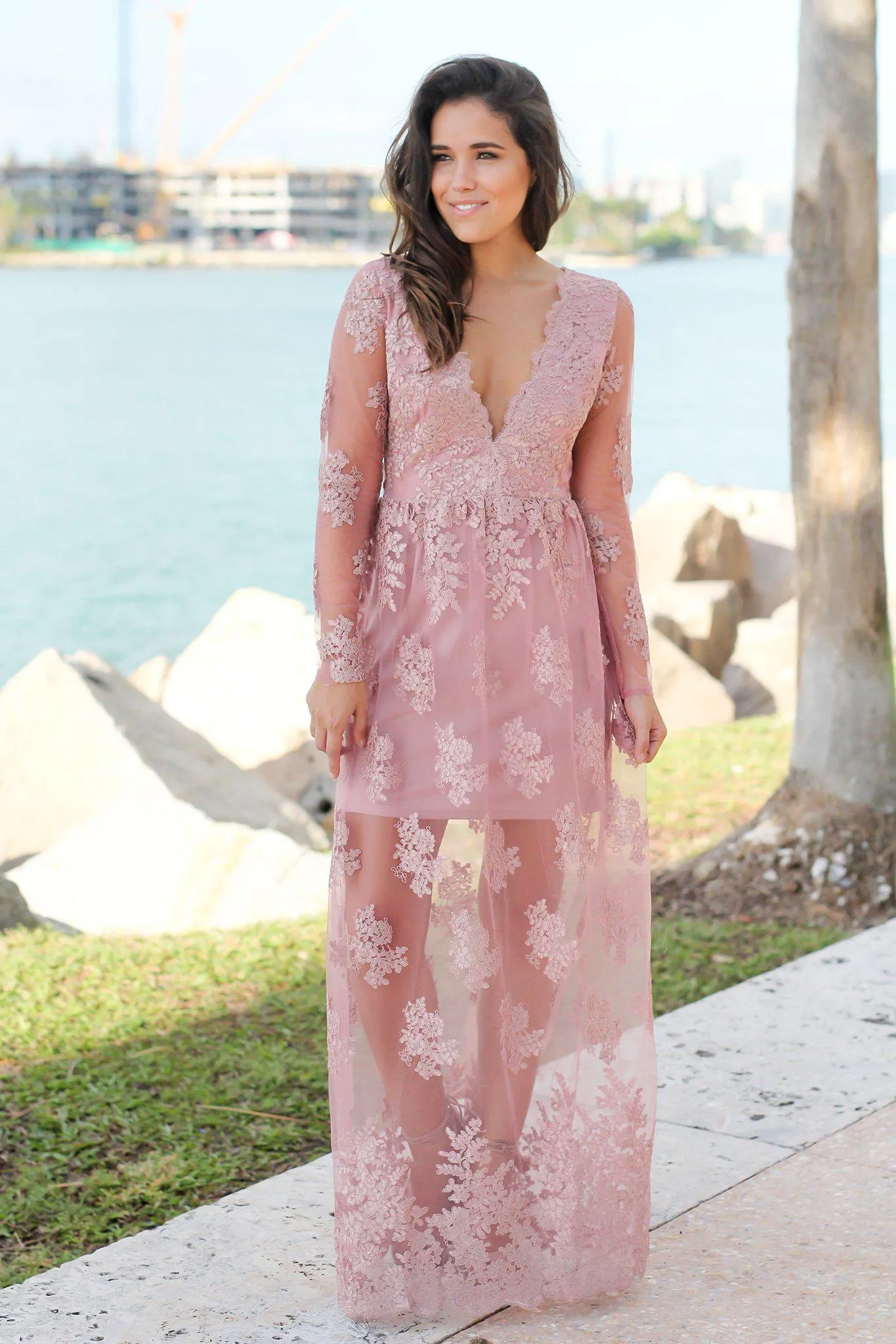 Dusty Rose Embroidered Maxi Dress with Long Sleeves