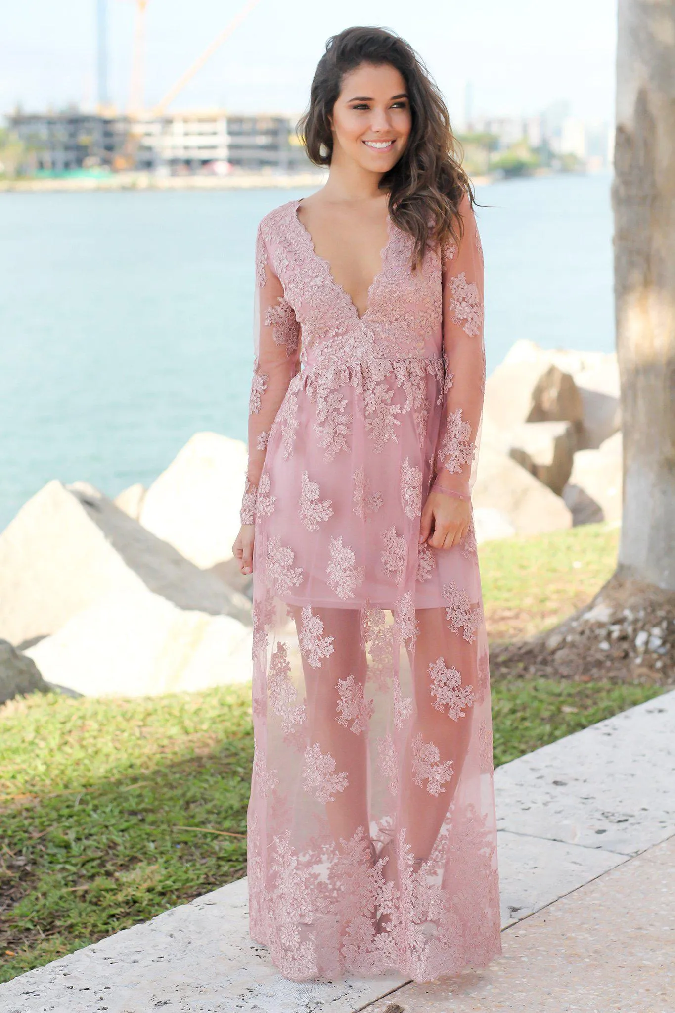 Dusty Rose Embroidered Maxi Dress with Long Sleeves