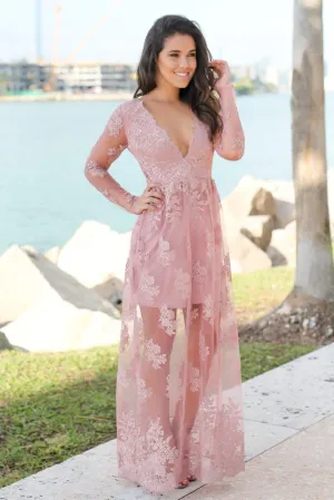 Dusty Rose Embroidered Maxi Dress with Long Sleeves