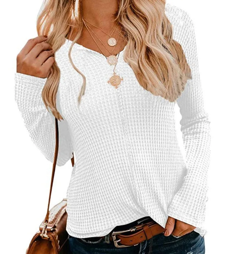 Fashion casual all-match solid color V-neck long-sleeved slim top