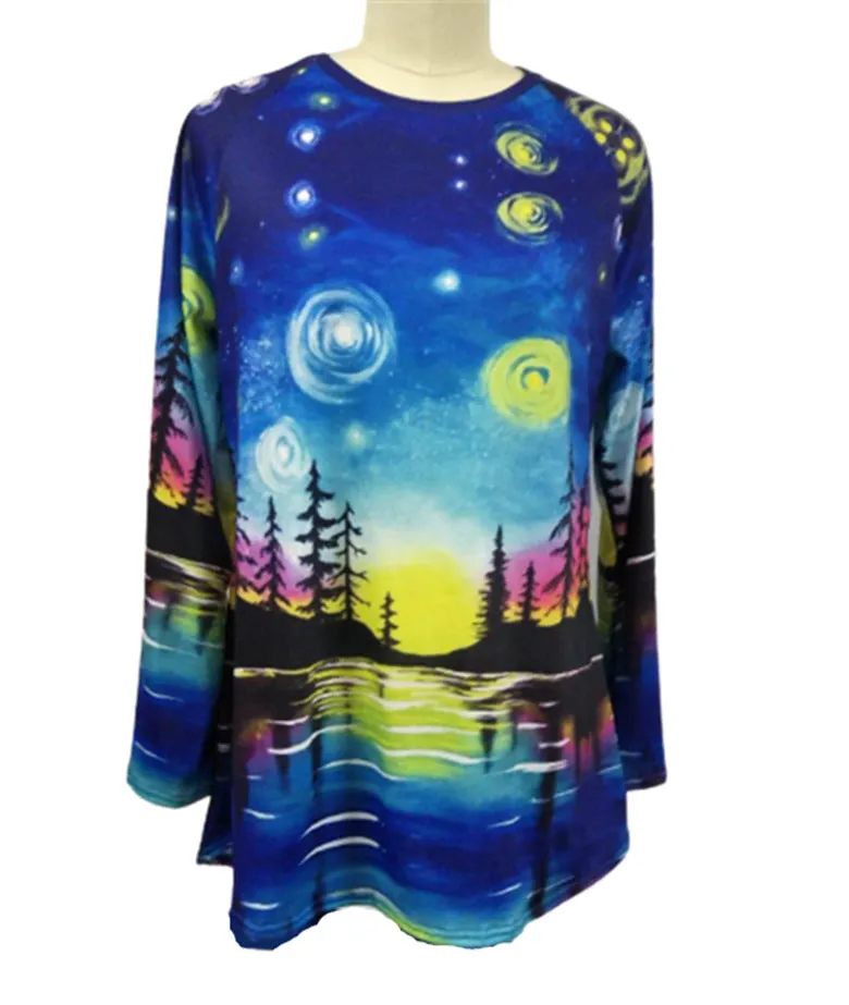 Fashion casual round neck landscape forest print long-sleeved pullover