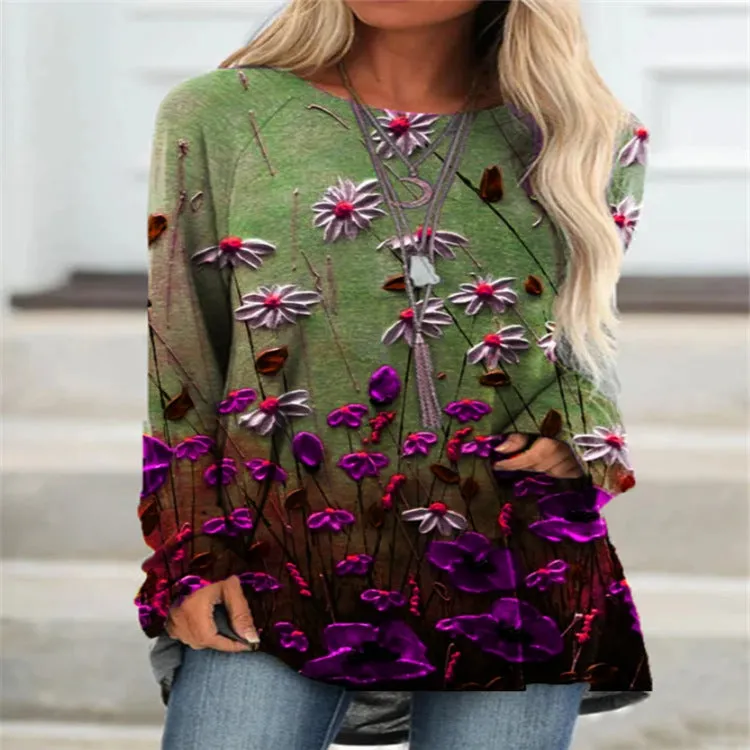 Fashion casual round neck long sleeve floral retro casual top