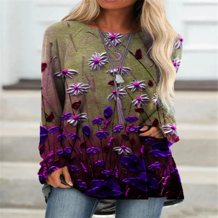 Fashion casual round neck long sleeve floral retro casual top