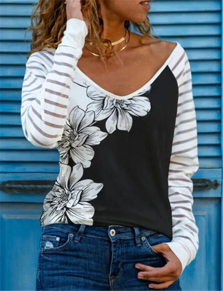 Fashion casual solid color printing V-neck long sleeve all-match bottoming T-shirt