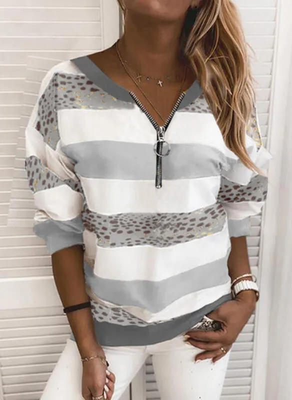 Fashion casual striped printing long-sleeved zipper loose casual sweater women