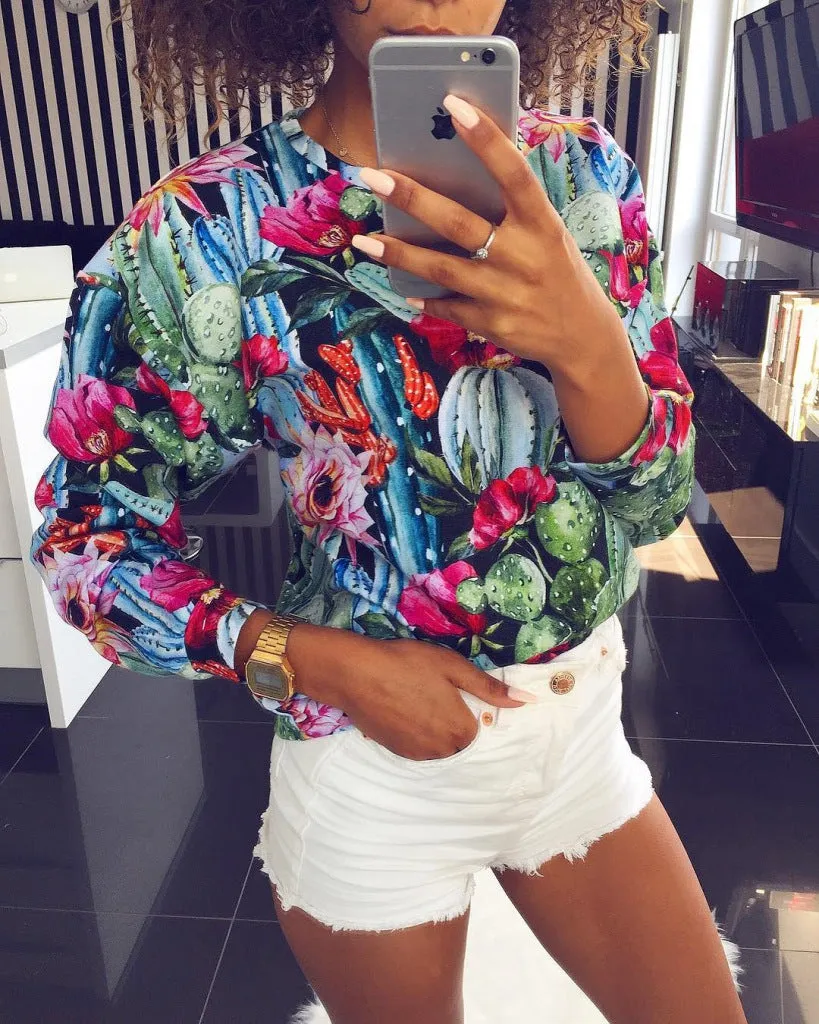 Fashion leisure plant print round neck long sleeve sweater