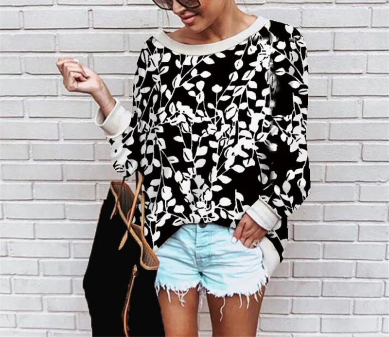 Fashion printed leopard flower sweater loose top