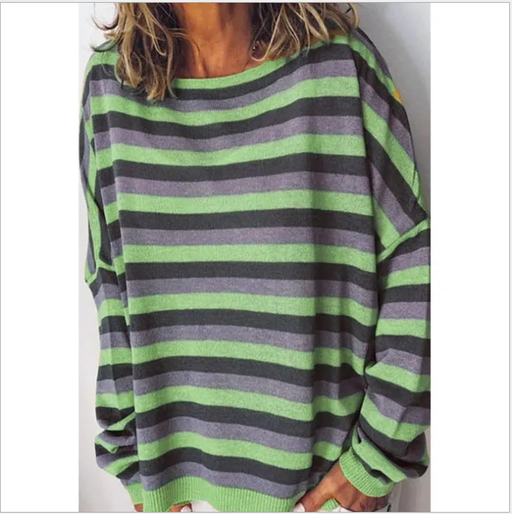 Fashion striped round neck long sleeve loose women's sweater