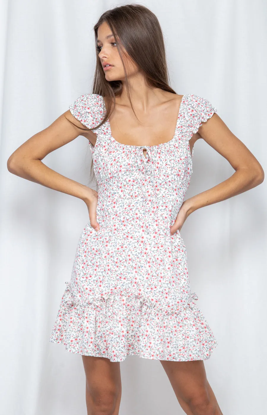 Floral Mini Ruche Neckline Dress With Ruffle Hem