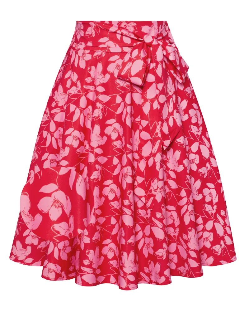 Floral Patterns Women's High Waist Bow Decorated A-Line Pockets Skirt