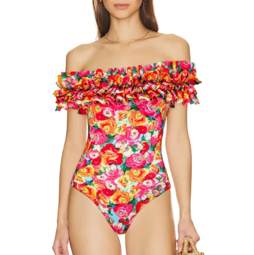 Floral Print One-Piece Swimsuit and Cover Up Skirt Set