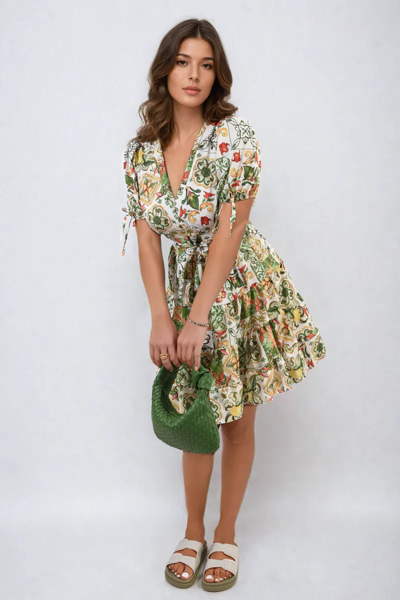 Floral V-Neck Tie Waist Mini Dress