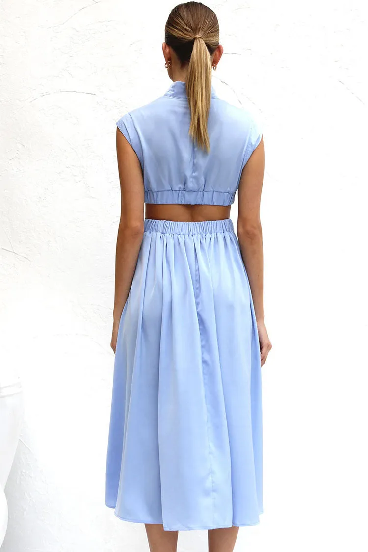 Flowy High Neck Ruched Trim Cutout Waist Summer Midi Sundress - Light Blue