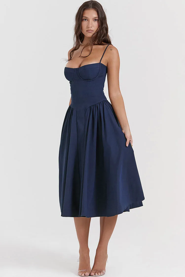 French Bustier Spaghetti Strap Drop Waist Fit & Flare Midi Sundress - Navy Blue