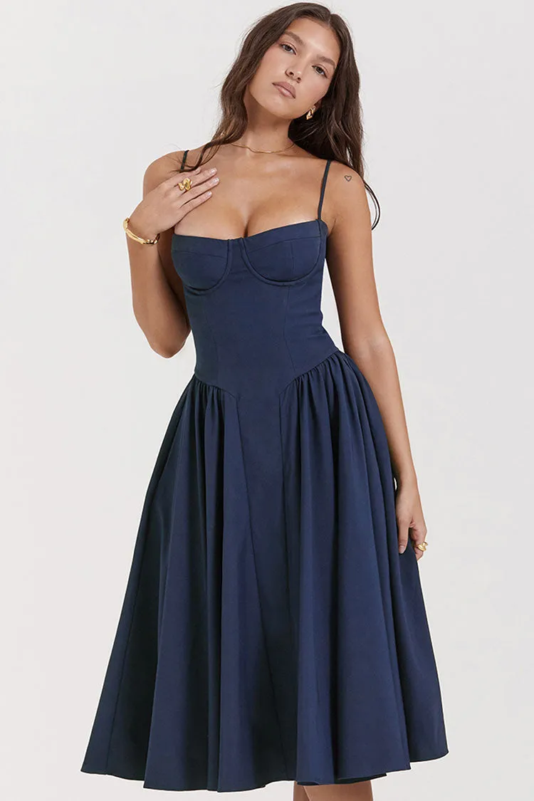 French Bustier Spaghetti Strap Drop Waist Fit & Flare Midi Sundress - Navy Blue