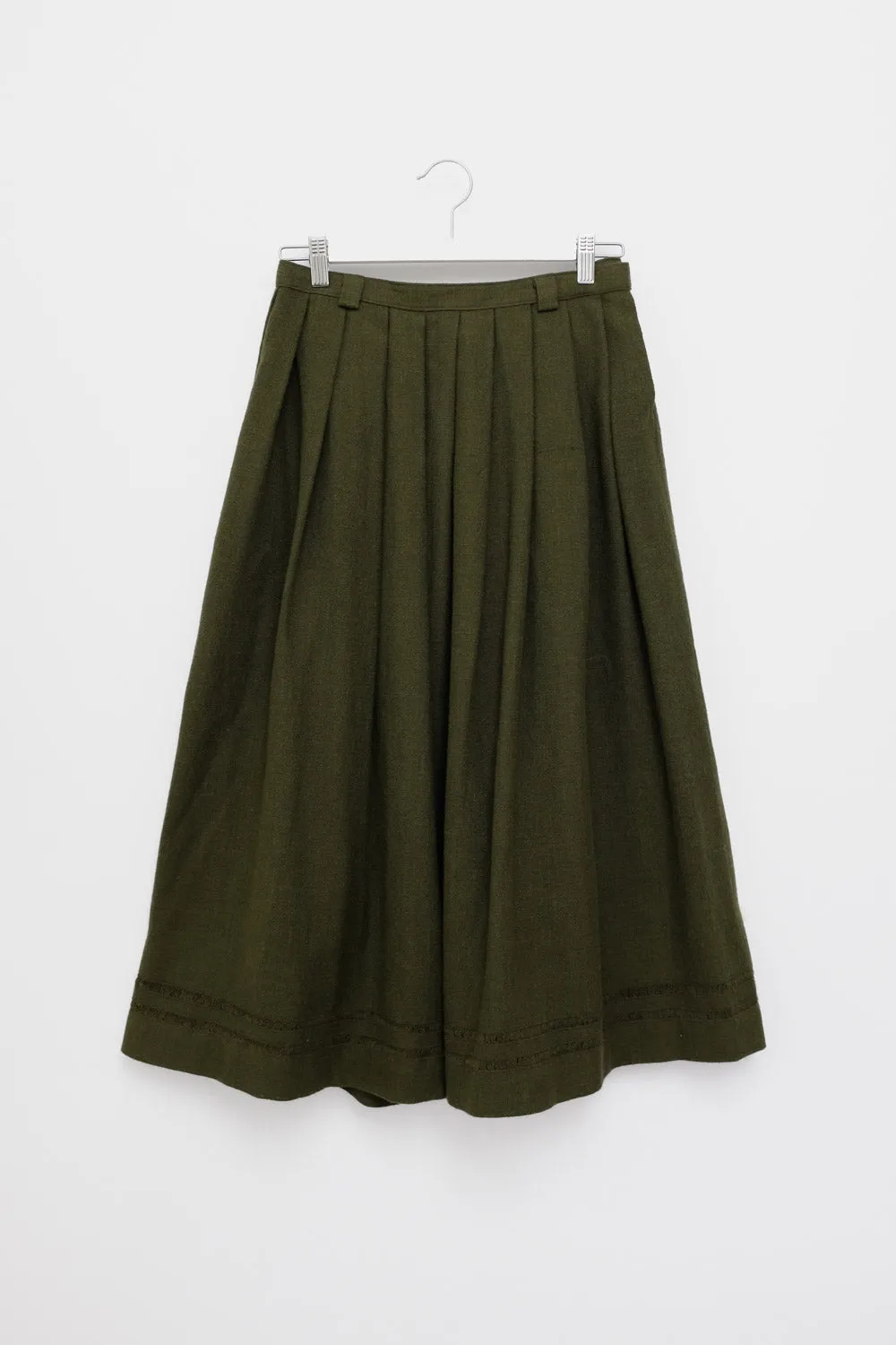 GREEN PLEATED MIDI COTTON WOOL SKIRT