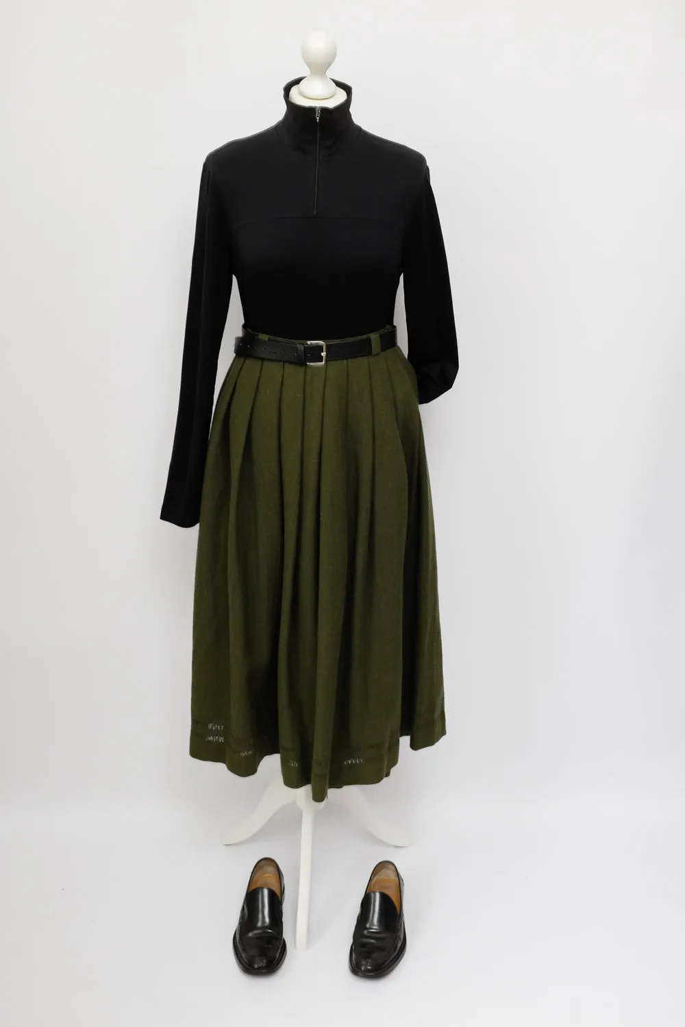 GREEN PLEATED MIDI COTTON WOOL SKIRT