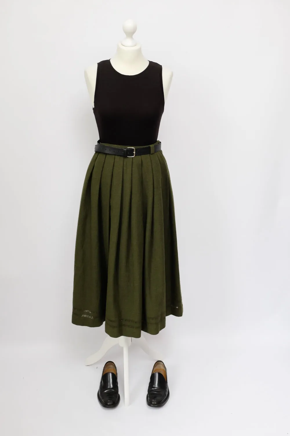 GREEN PLEATED MIDI COTTON WOOL SKIRT