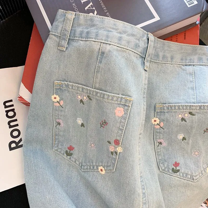 High-Waisted Floral Print Embroidery Retro Bodycon Denim Skirt