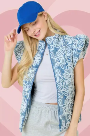 Hot Girl Delilah Floral Velvet Embroidered Denim Puffer Vest In Blue