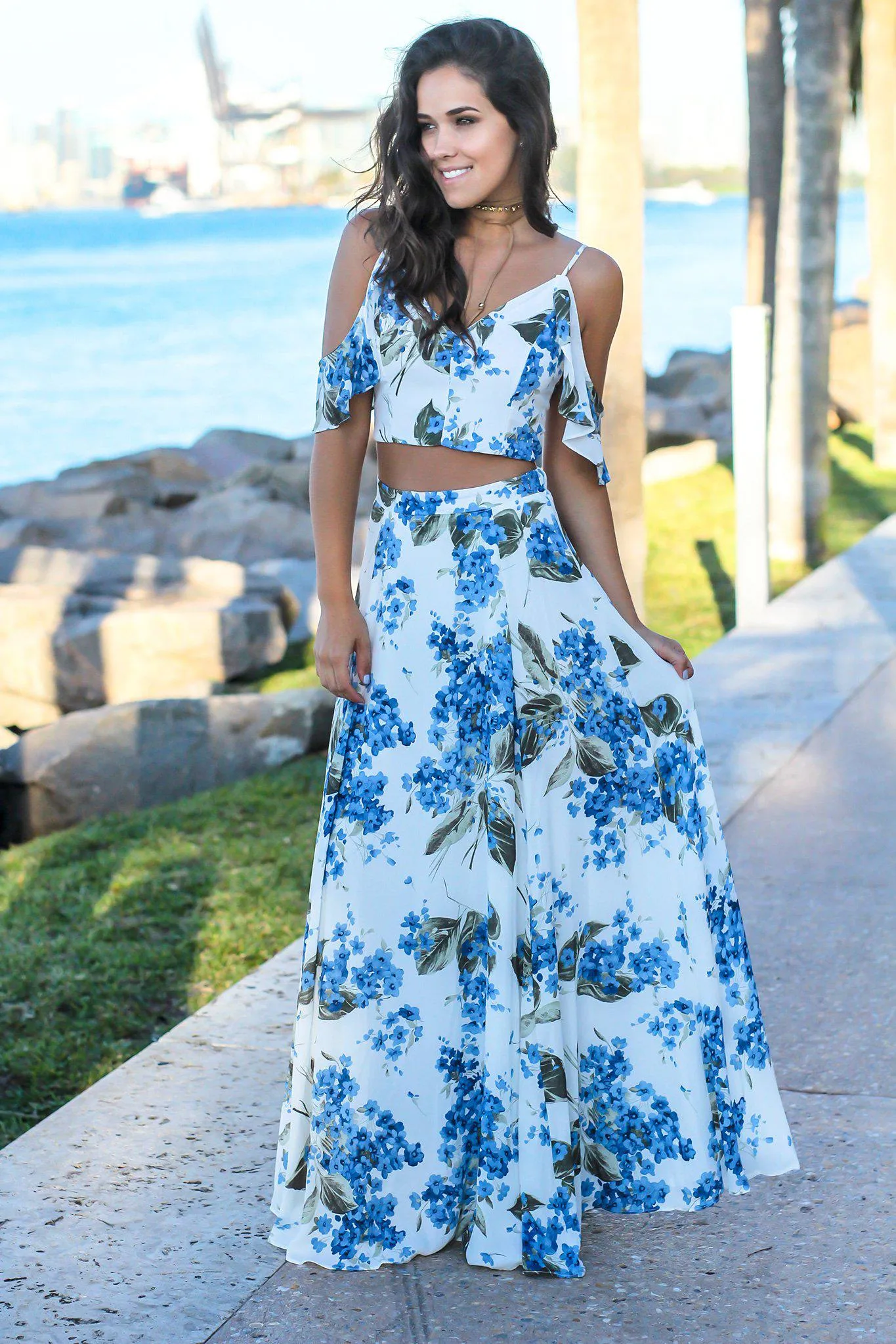 Ivory and Blue Floral Two Piece Set