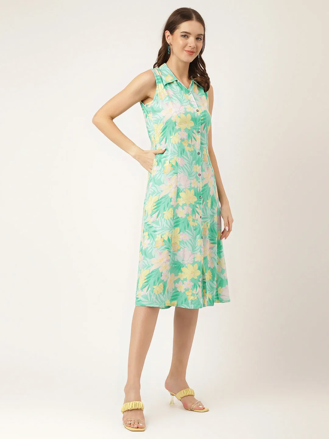 Jashvi Green Floral Printed Rayon A-Line Midi Dress with Attached Sleeves for Women