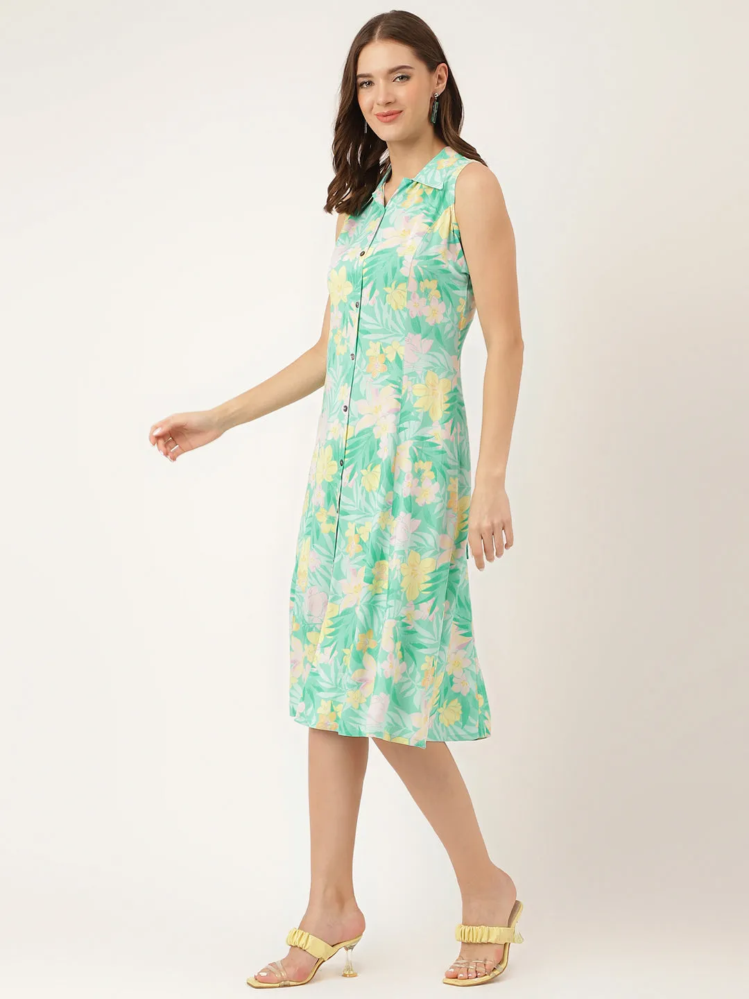 Jashvi Green Floral Printed Rayon A-Line Midi Dress with Attached Sleeves for Women