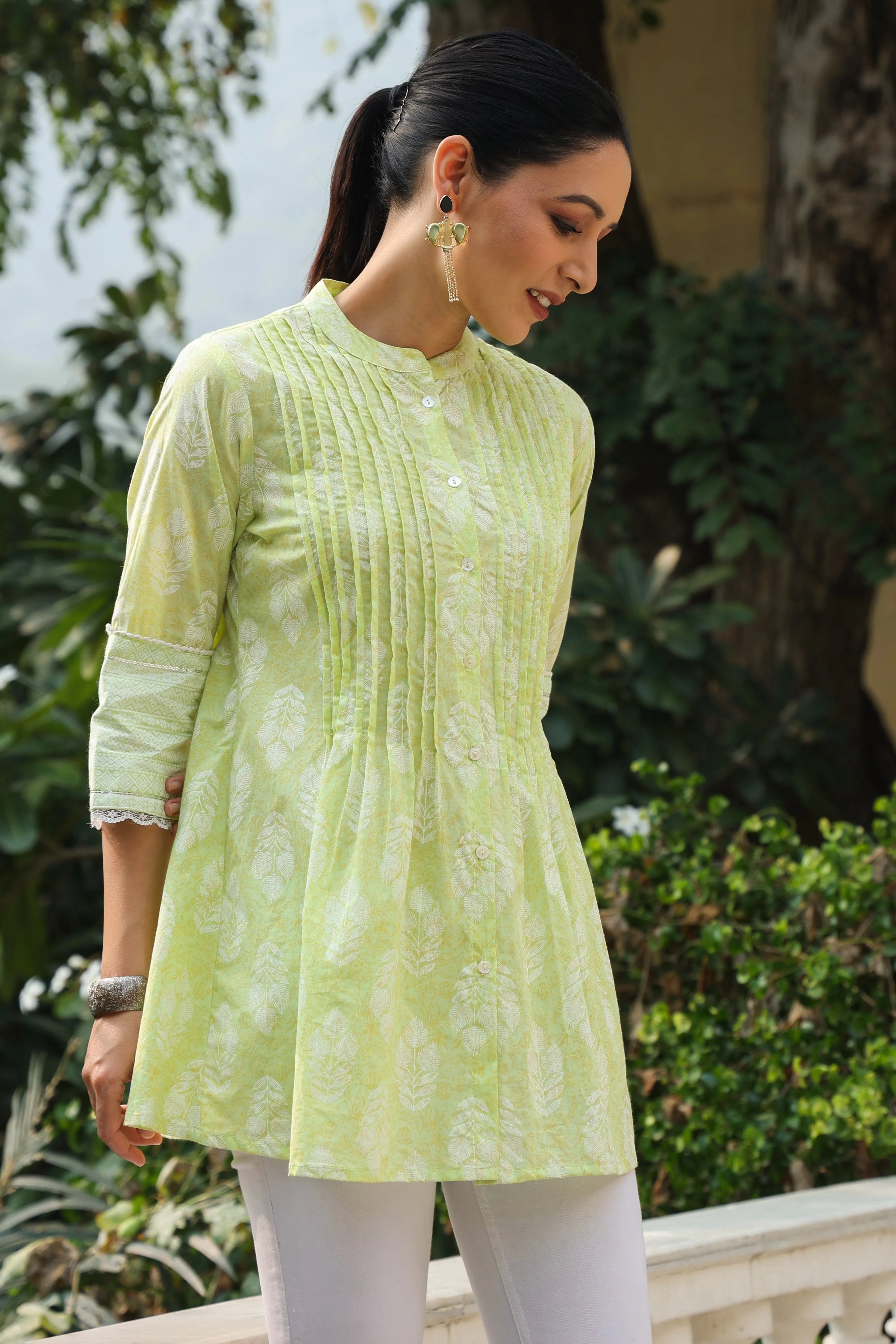 Juniper Lime Green Ethnic Motif Printed Pure Cotton A-Line Tunic With Lace Work