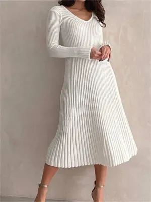 Knitted Ribbed Long Sleeve Slim Fit Solid Autumn Mid Midi Dress