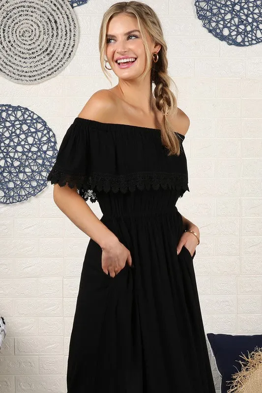 Lace Trim Off The Shoulder Flowy Maxi Dress