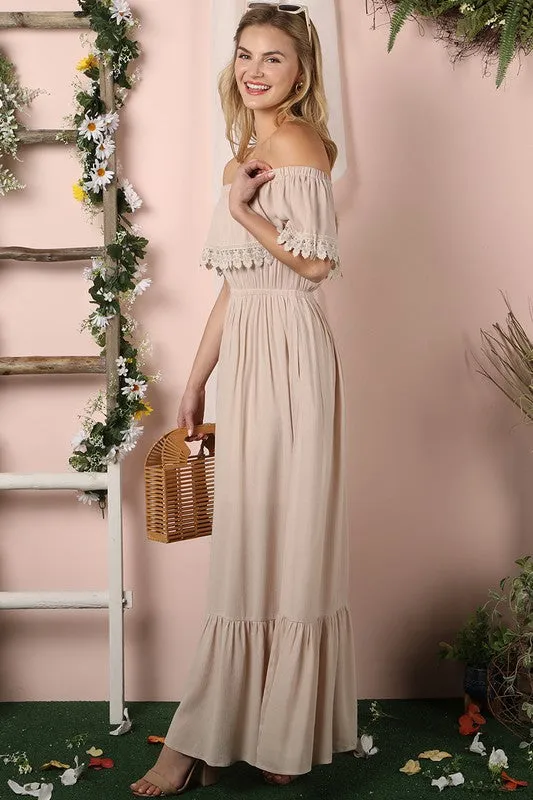 Lace Trim Off The Shoulder Flowy Maxi Dress