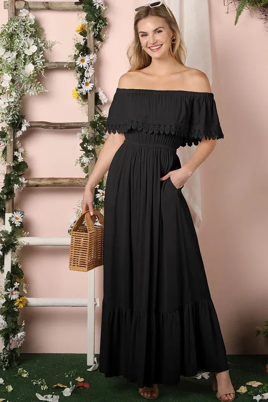 Lace Trim Off The Shoulder Flowy Maxi Dress