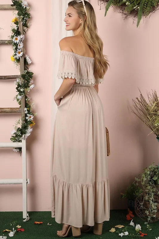 Lace Trim Off The Shoulder Flowy Maxi Dress