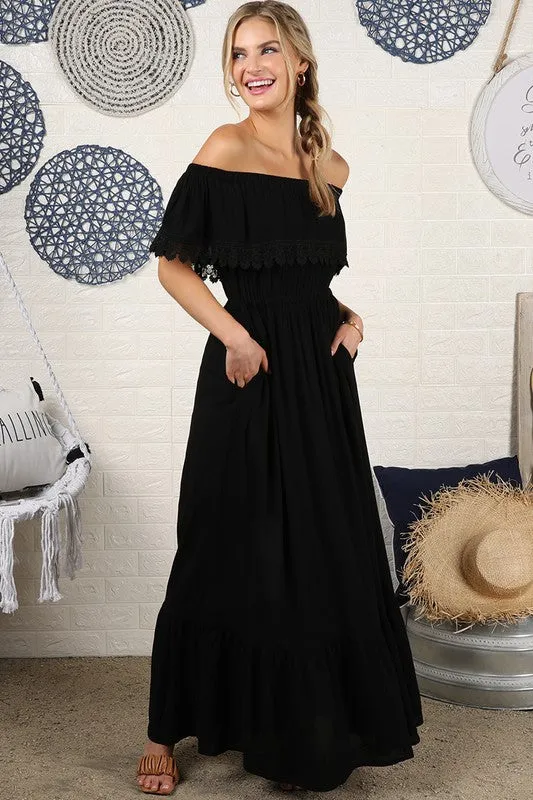 Lace Trim Off The Shoulder Flowy Maxi Dress