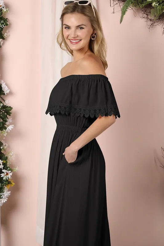 Lace Trim Off The Shoulder Flowy Maxi Dress