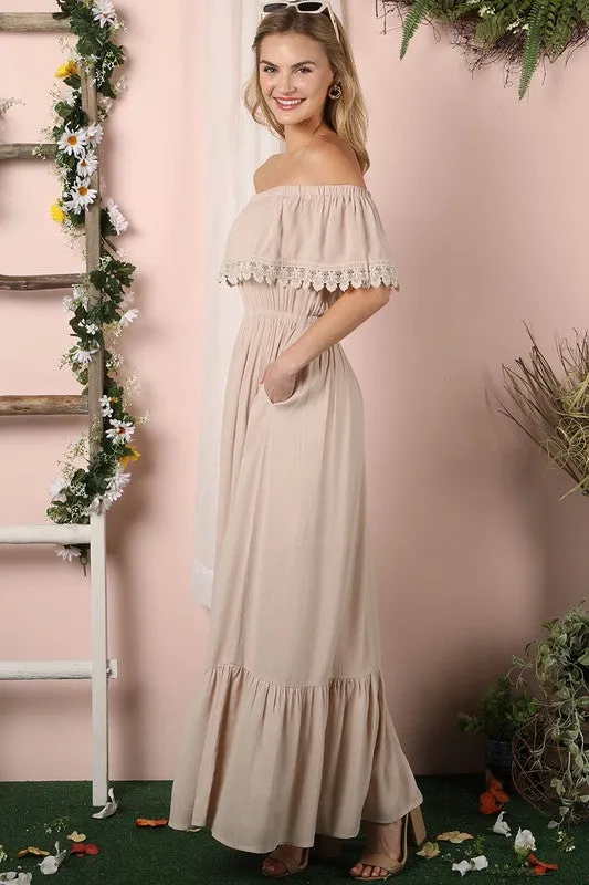 Lace Trim Off The Shoulder Flowy Maxi Dress