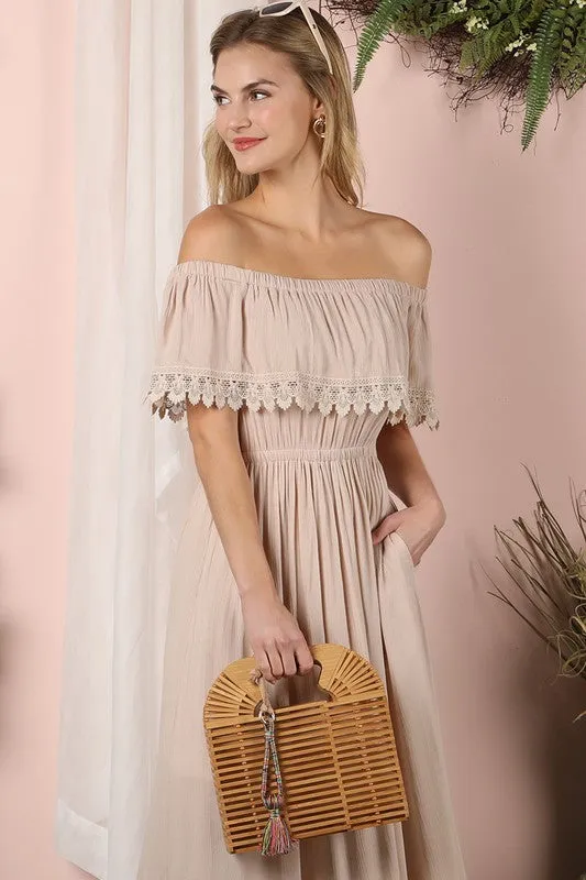 Lace Trim Off The Shoulder Flowy Maxi Dress