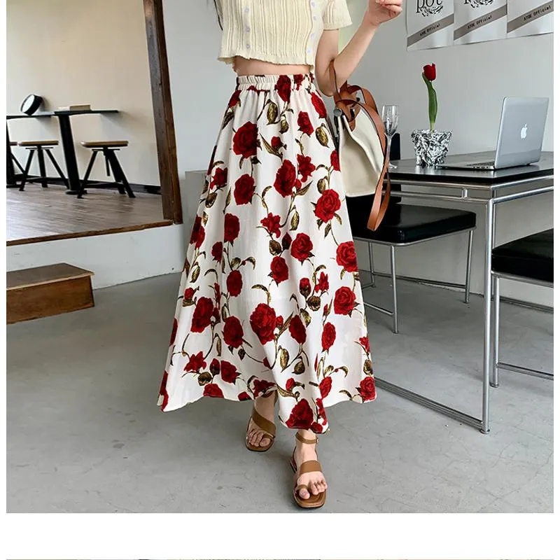 Ladylike Versatile Floral Full-Skirt Style Elastic Waist Skirt