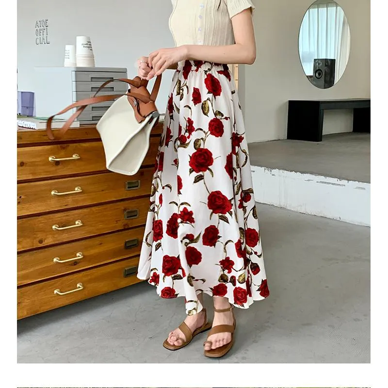 Ladylike Versatile Floral Full-Skirt Style Elastic Waist Skirt