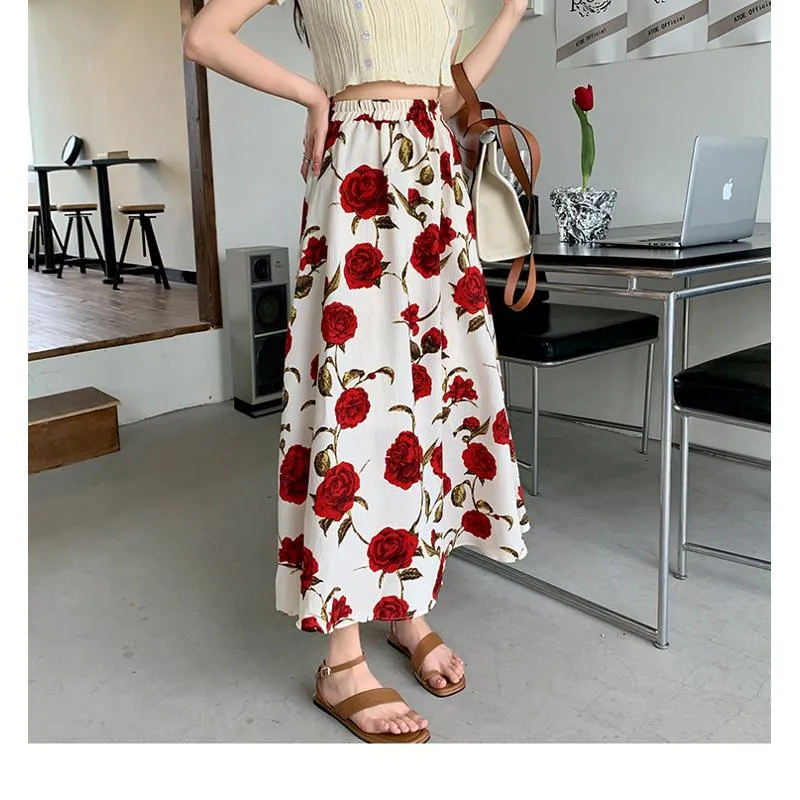 Ladylike Versatile Floral Full-Skirt Style Elastic Waist Skirt