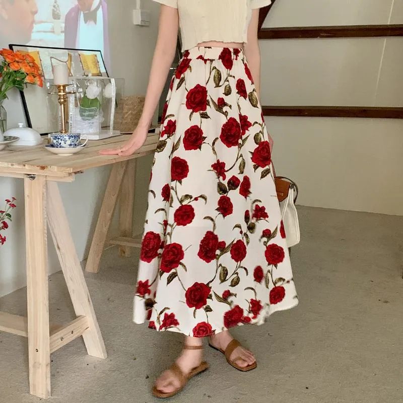 Ladylike Versatile Floral Full-Skirt Style Elastic Waist Skirt